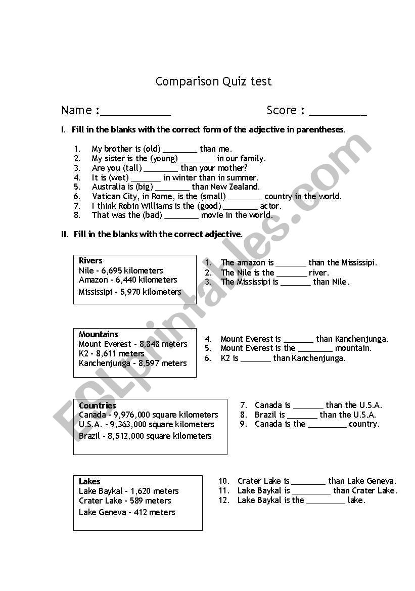 Comparison Quiz Test worksheet