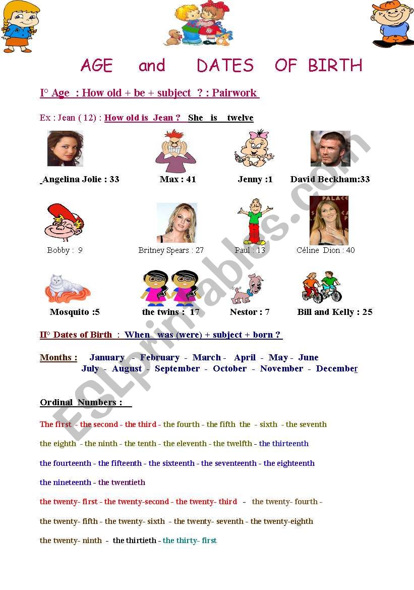 Age and dates of birth : nice worksheet with lots of famous celebrities 