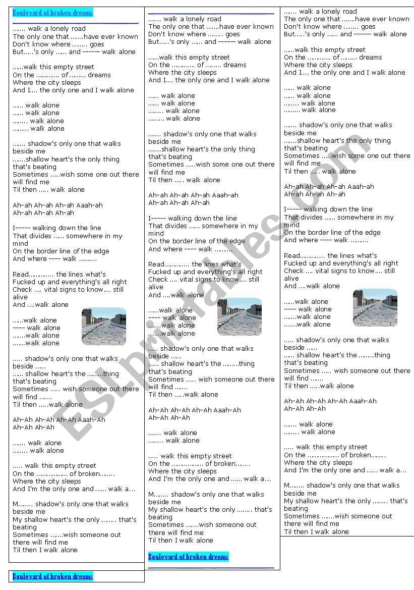 Boulevard of broken dreams worksheet