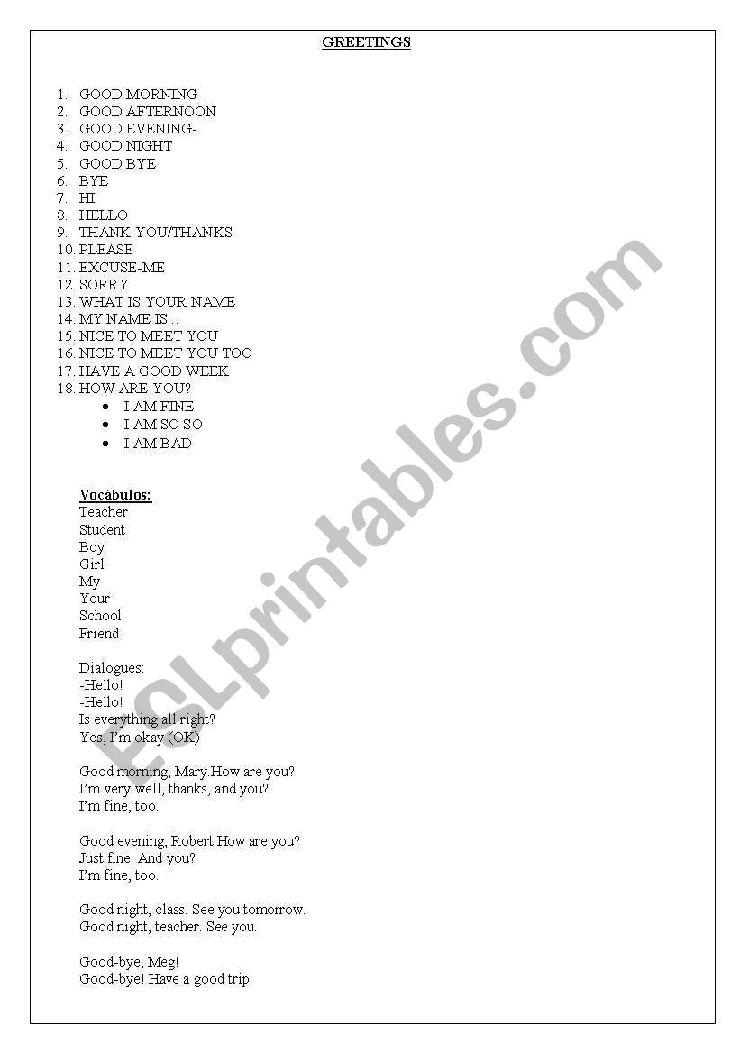Greetings worksheet