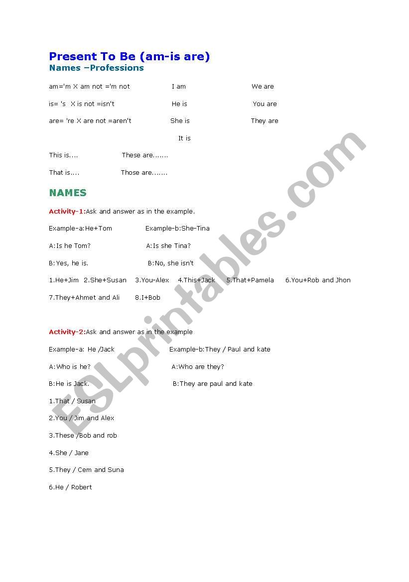 present to be /professions worksheet