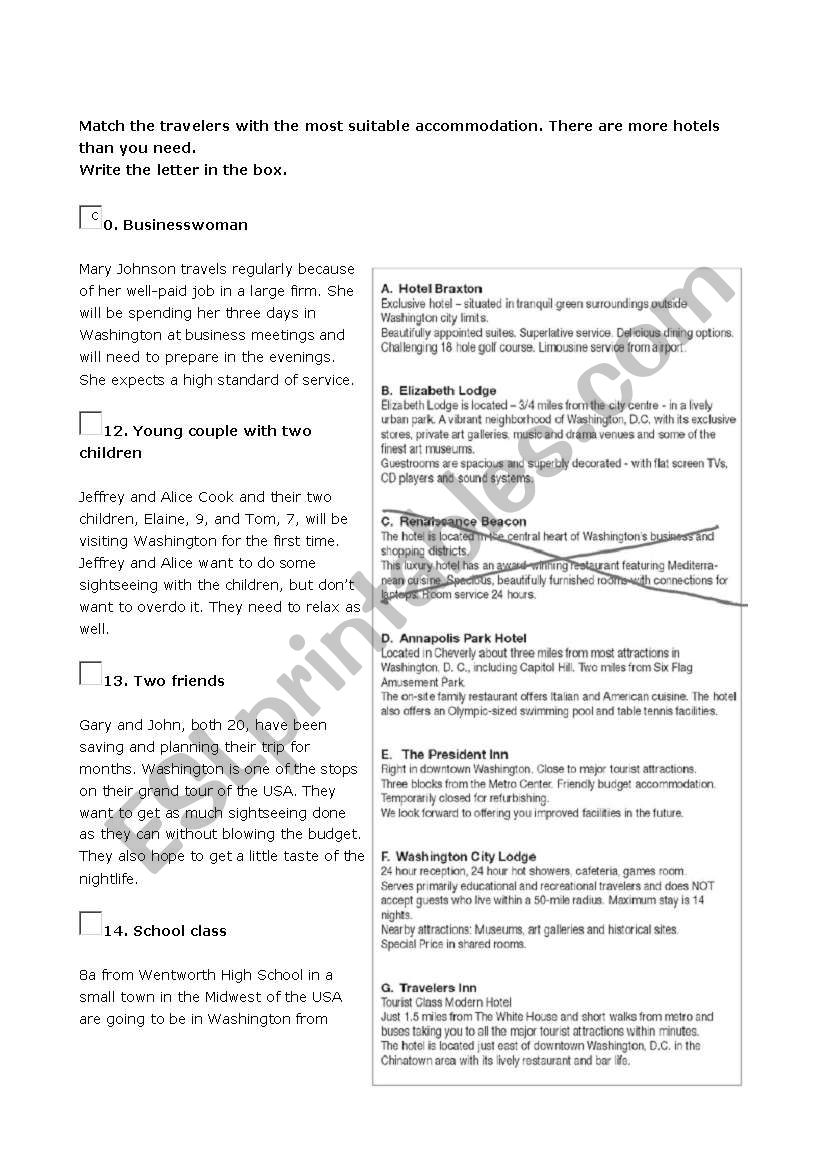 Travelers and accomodation worksheet