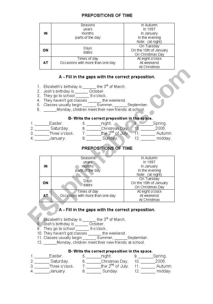 PREPOSITIONS OF TIME worksheet