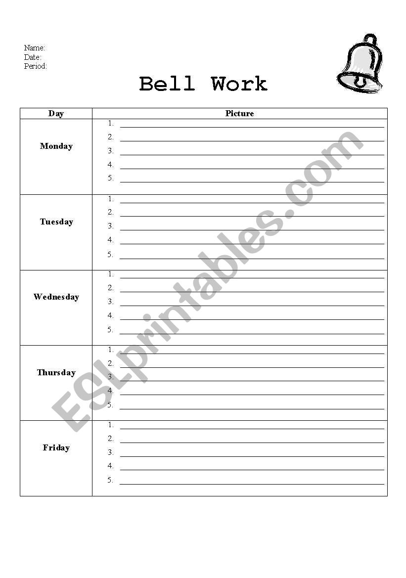 Bell Work worksheet