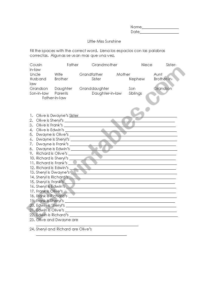 Little Miss Sunshine Family Worksheet