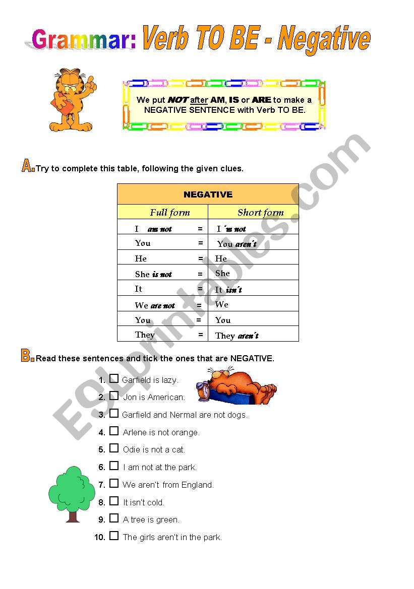 Verb TO BE - NEGATIVE worksheet