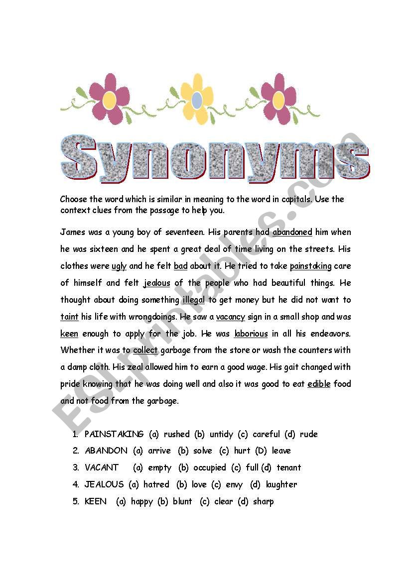 Synonyms worksheet