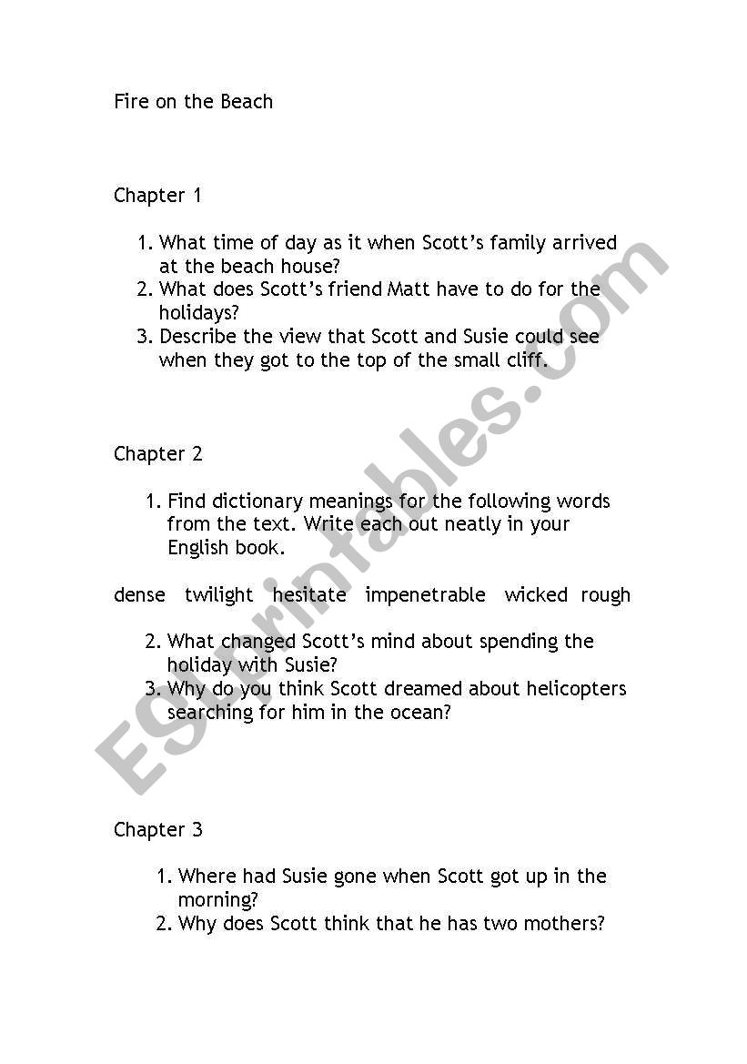 Fire on the beach worksheet