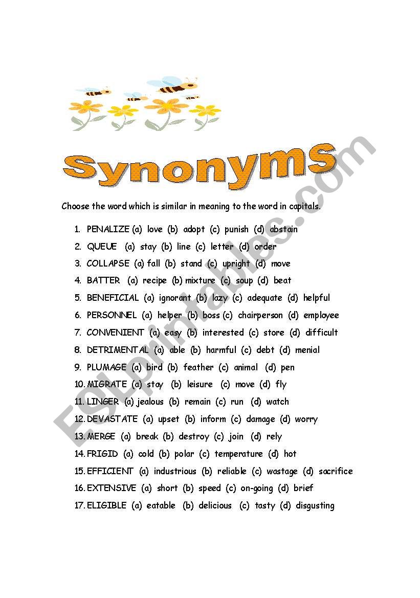 Synoymns worksheet