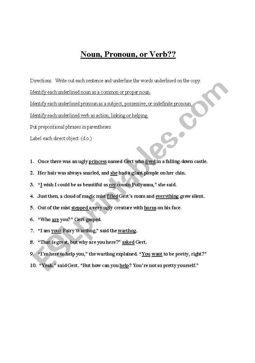 Noun, Pronoun, or Verb worksheet