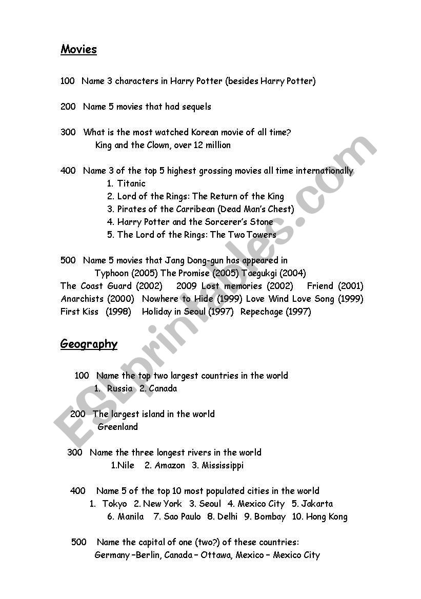 Jeopardy Trivia Game worksheet