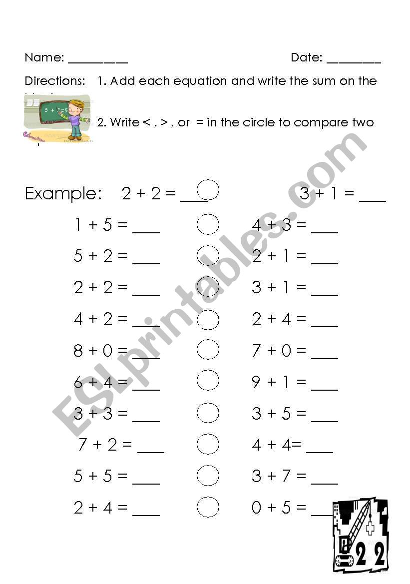 Comparing sums worksheet
