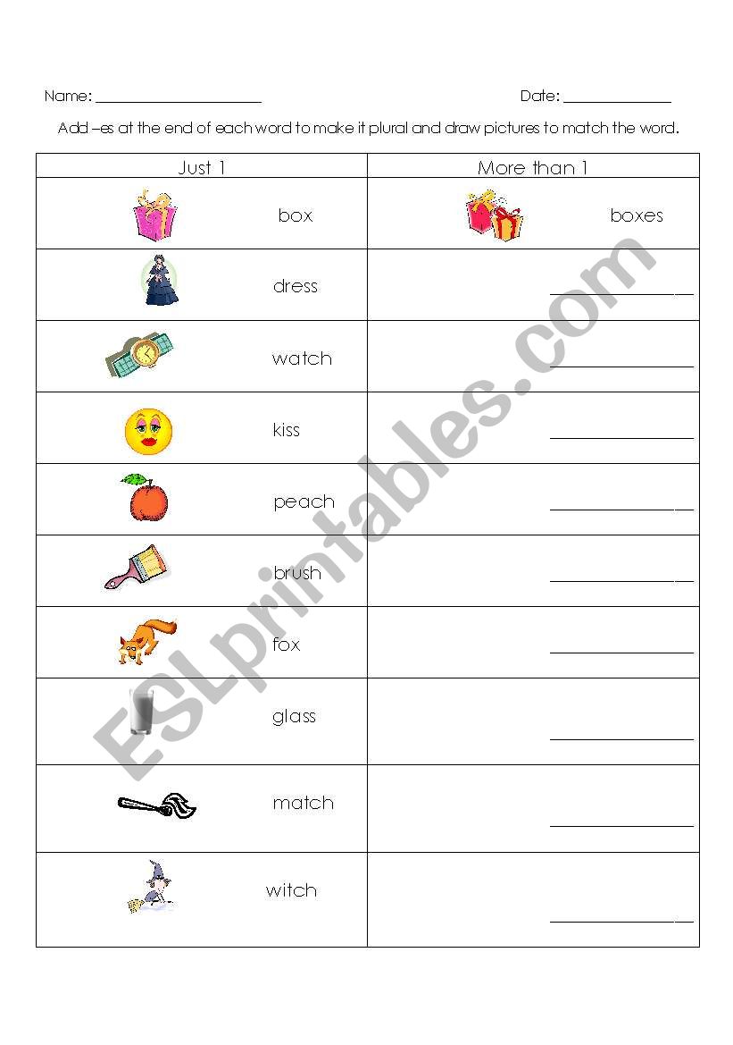 Plural words adding -es worksheet