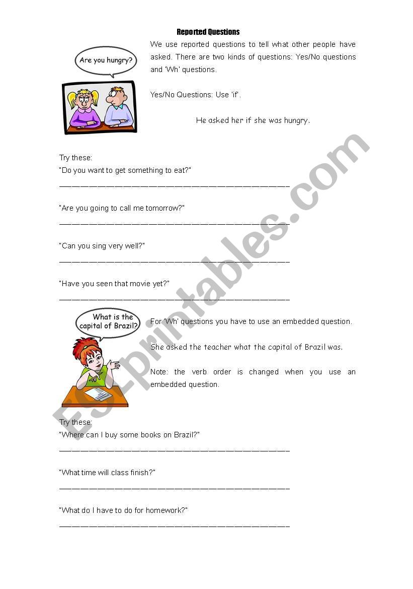 rerpoted speech worksheet