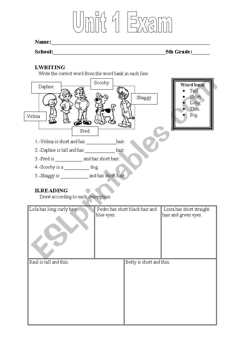 Adjectives exam worksheet
