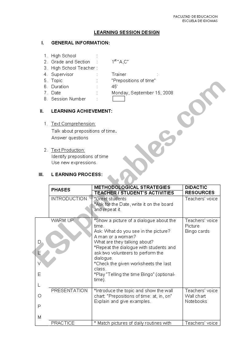 Prepositions of time worksheet