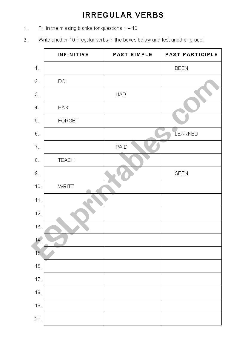 Irregular Verbs worksheet (test)