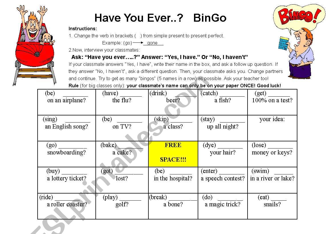 Have you ever...? Bingo worksheet