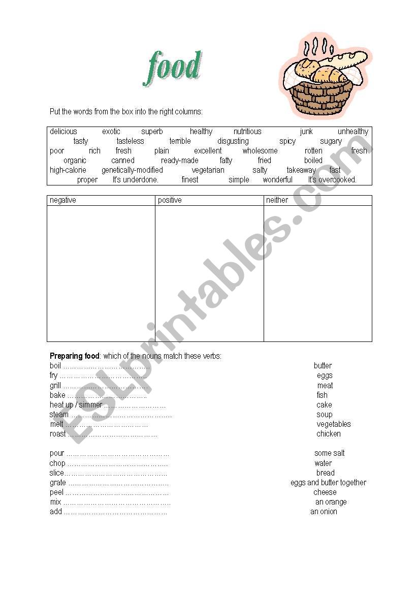 food  verbs and adjectives worksheet