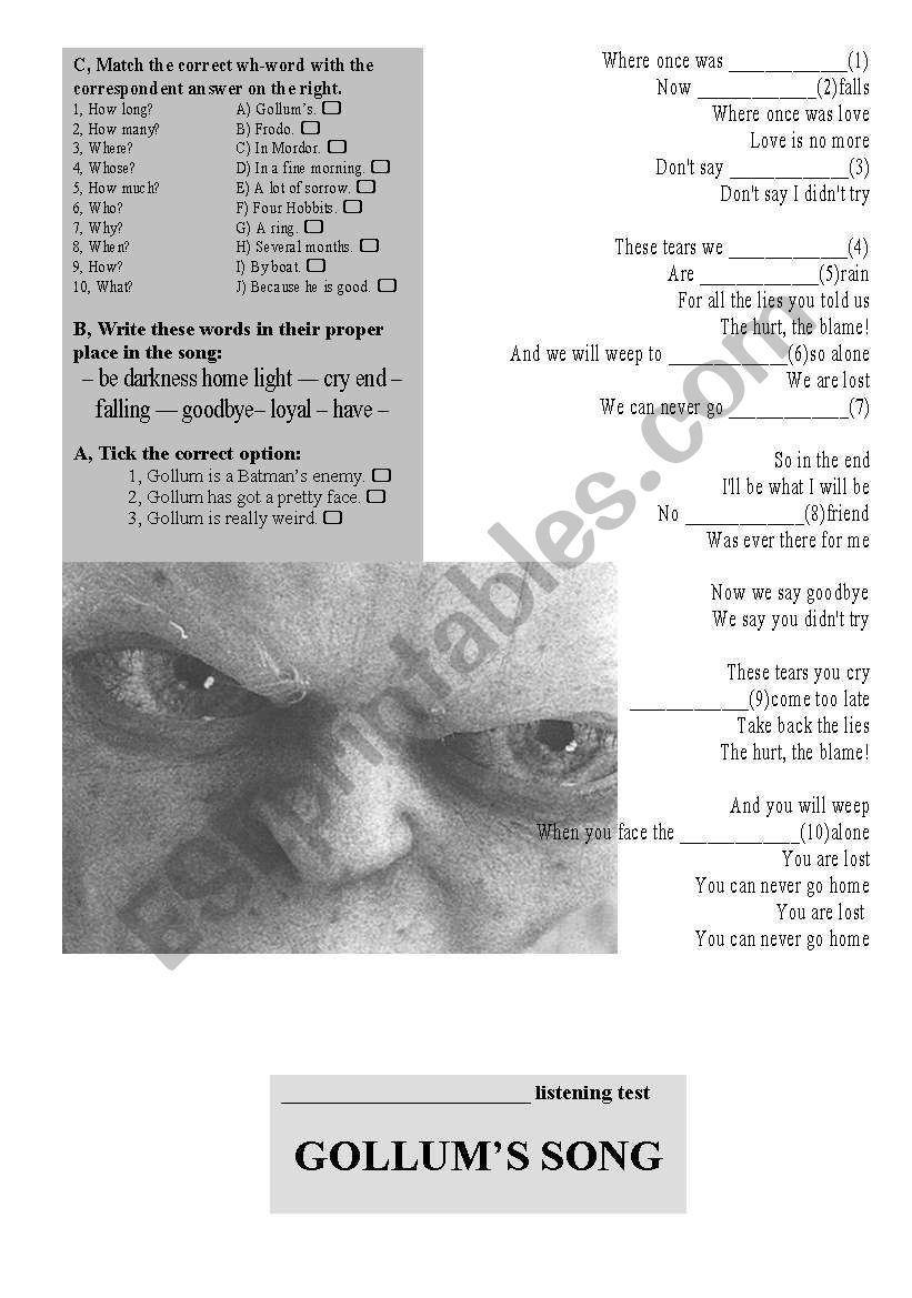 Gollums song worksheet