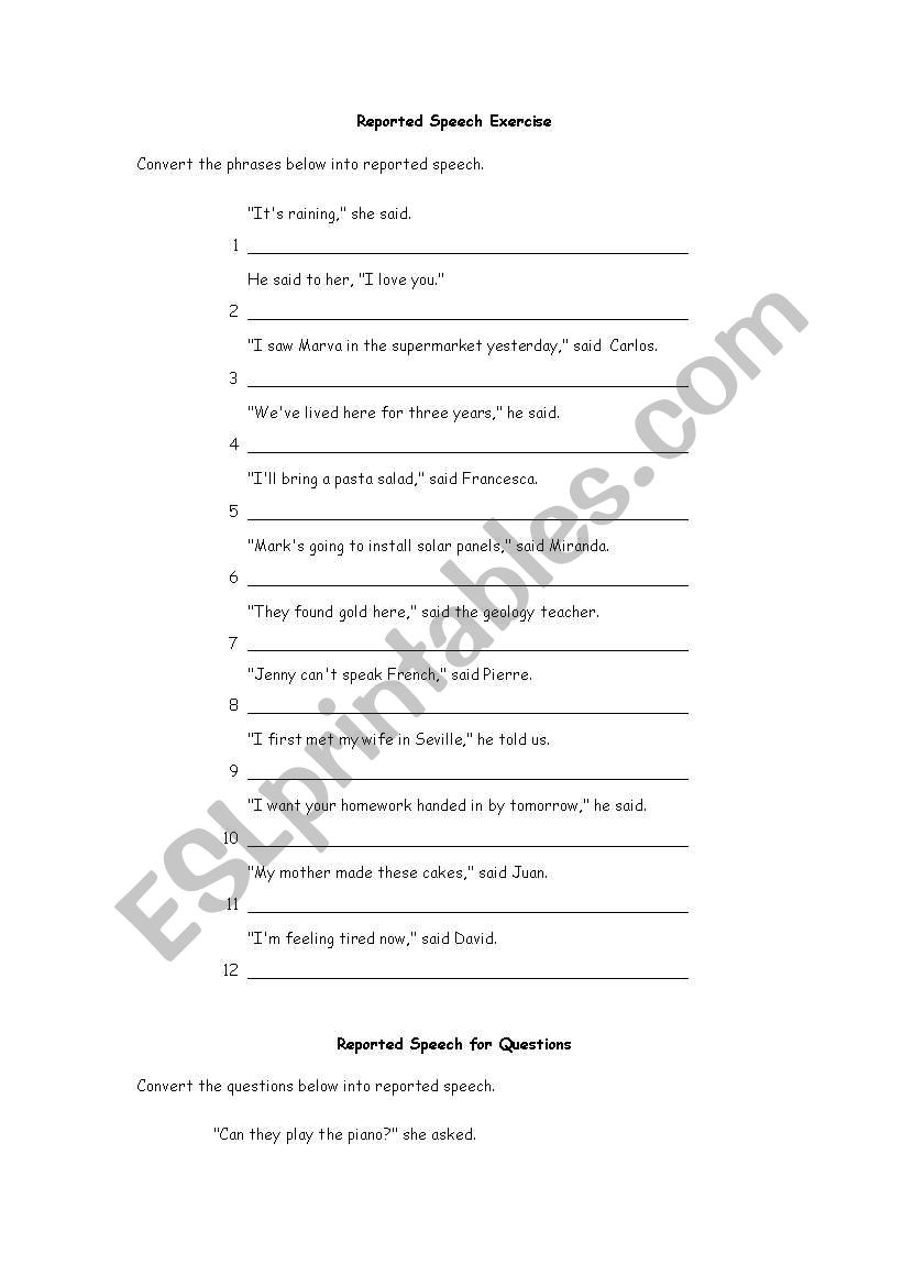 Reported speech exercises worksheet