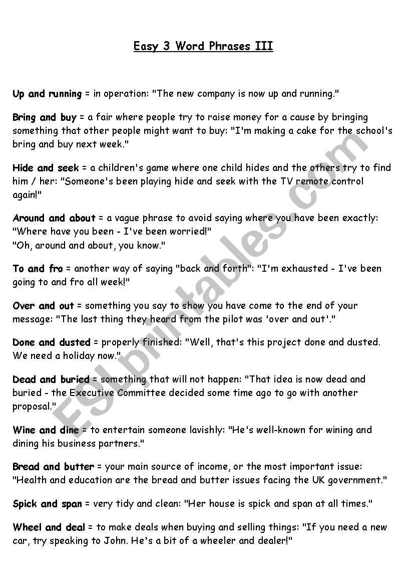 Easy three word phrases III worksheet