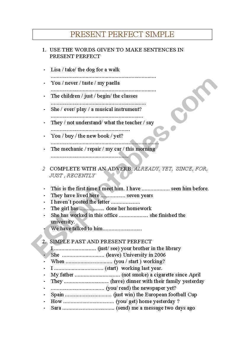 present perfect tense form worksheet