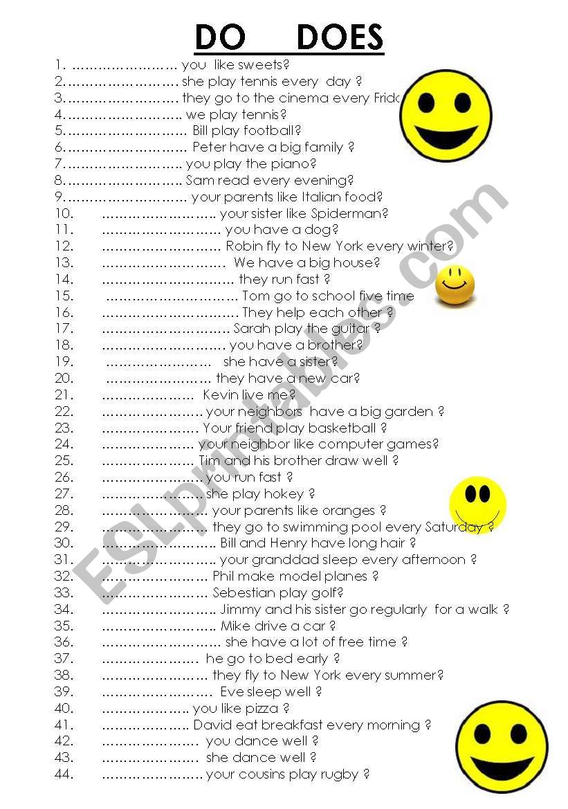  45 sentences with   DO DOES  present simple