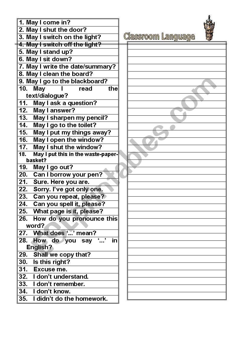 Classroom Commands worksheet