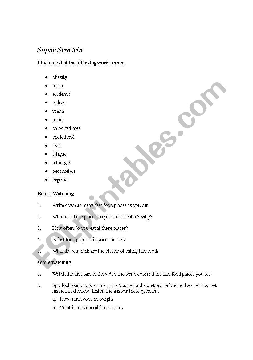 Super Size Me worksheet