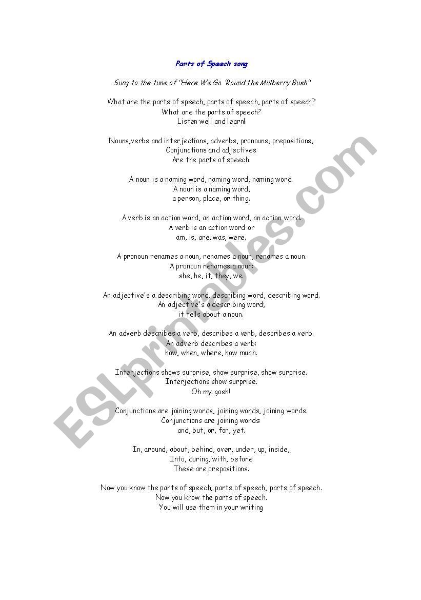 Parts of Speech Song worksheet