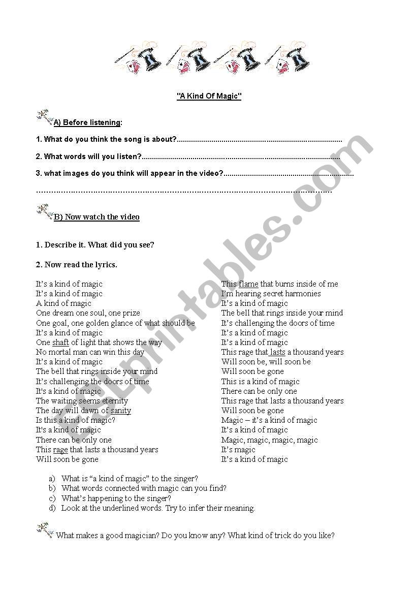 Its a kind of magic by queen worksheet