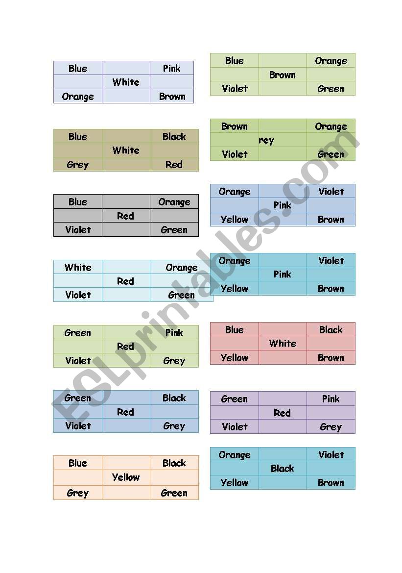 Colour bingo worksheet