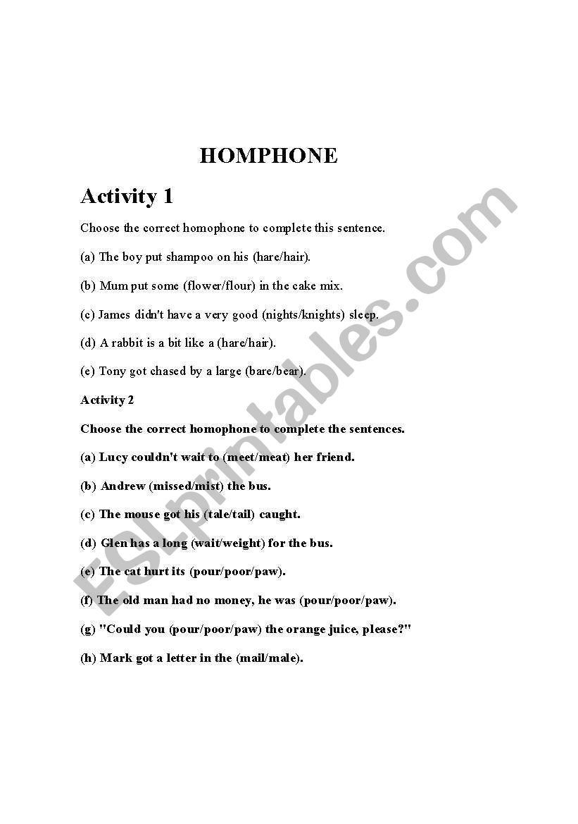 homophone worksheet