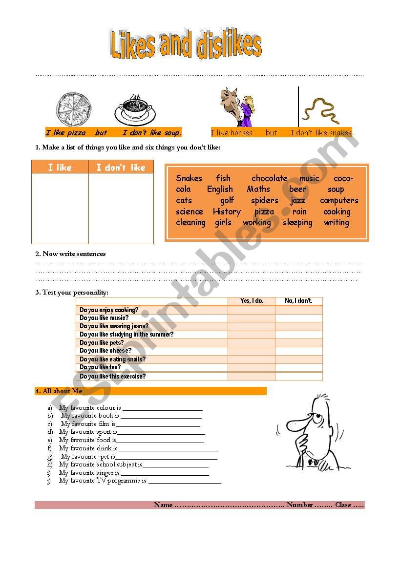 Likes and dislikes worksheet