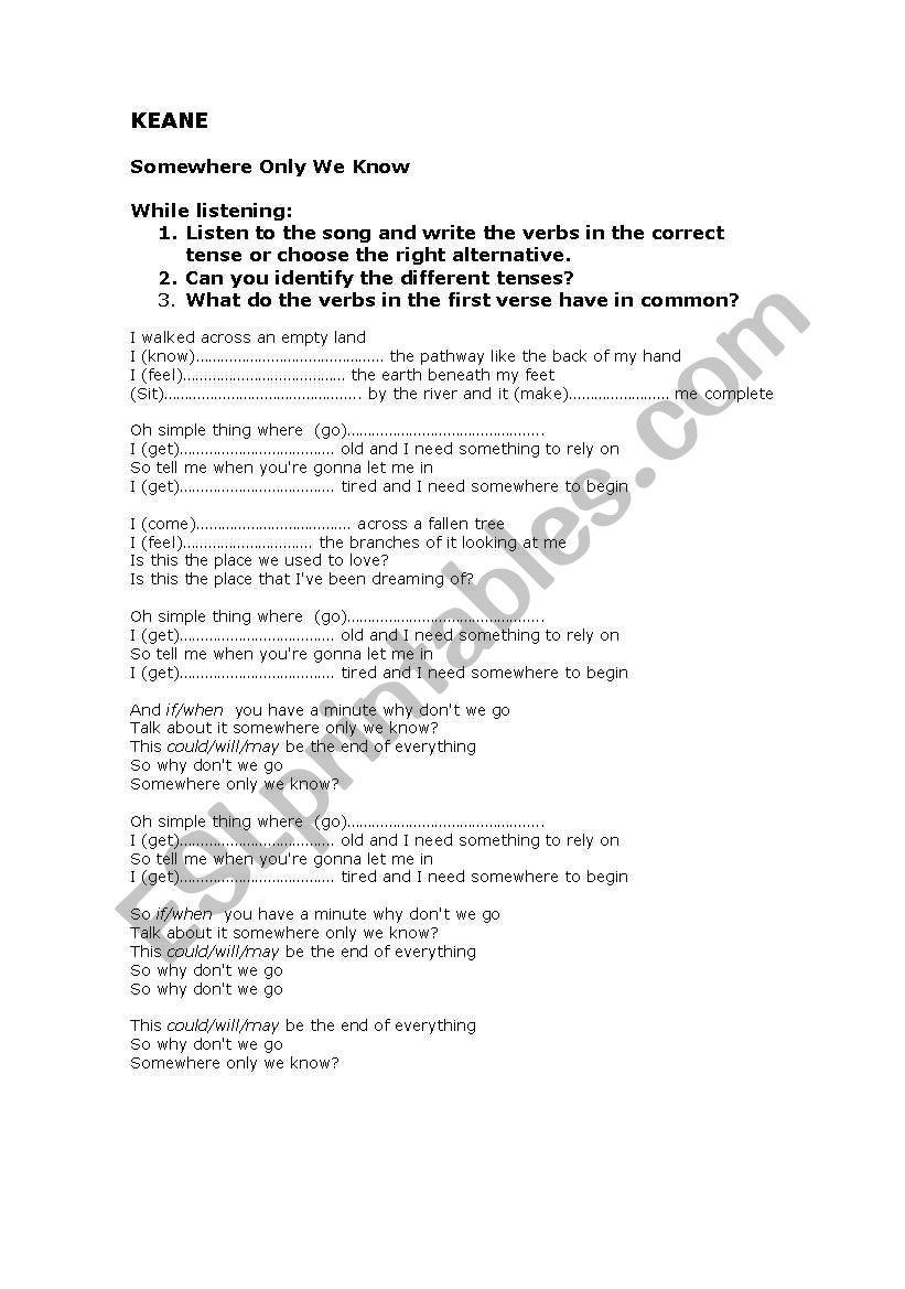 Somewhere only we know worksheet