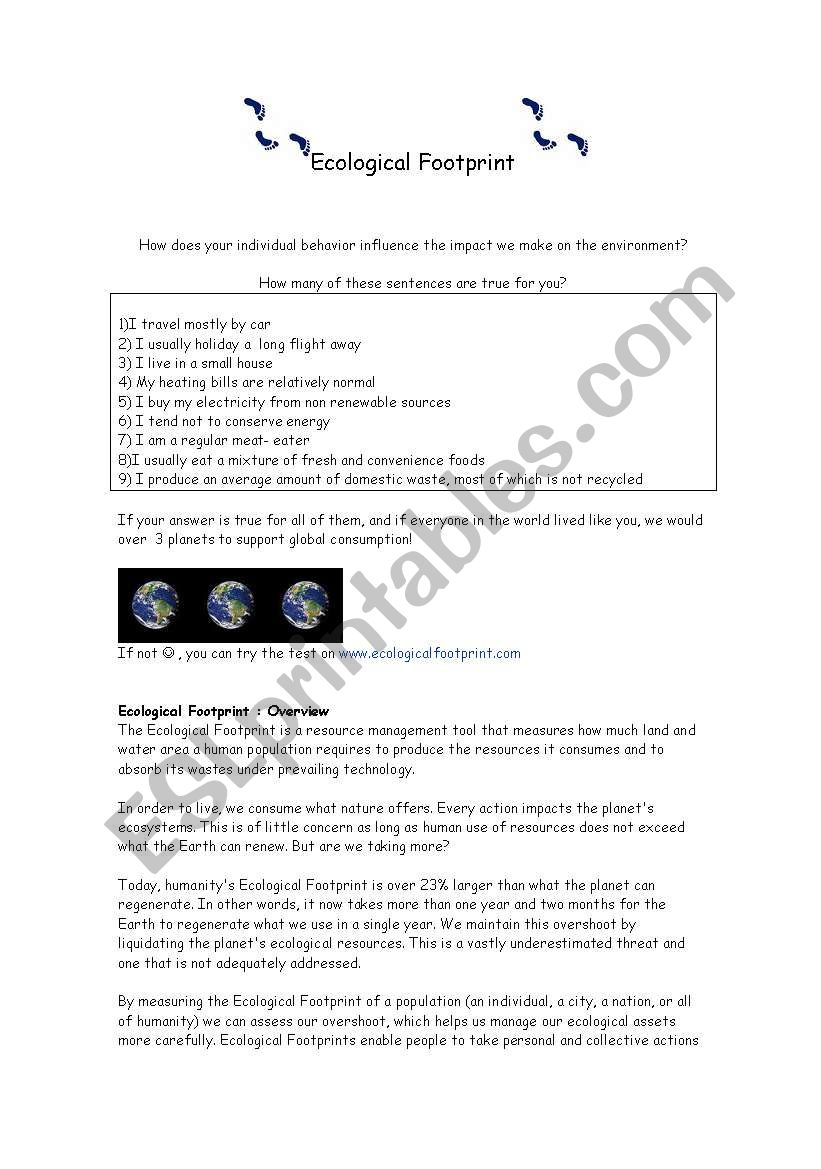 Ecological Footprint - ESL worksheet by Starfish Throughout Human Footprint Worksheet Answers