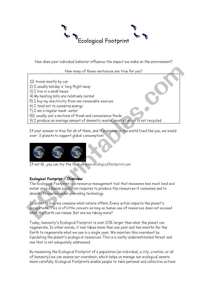 Ecological Footprint worksheet