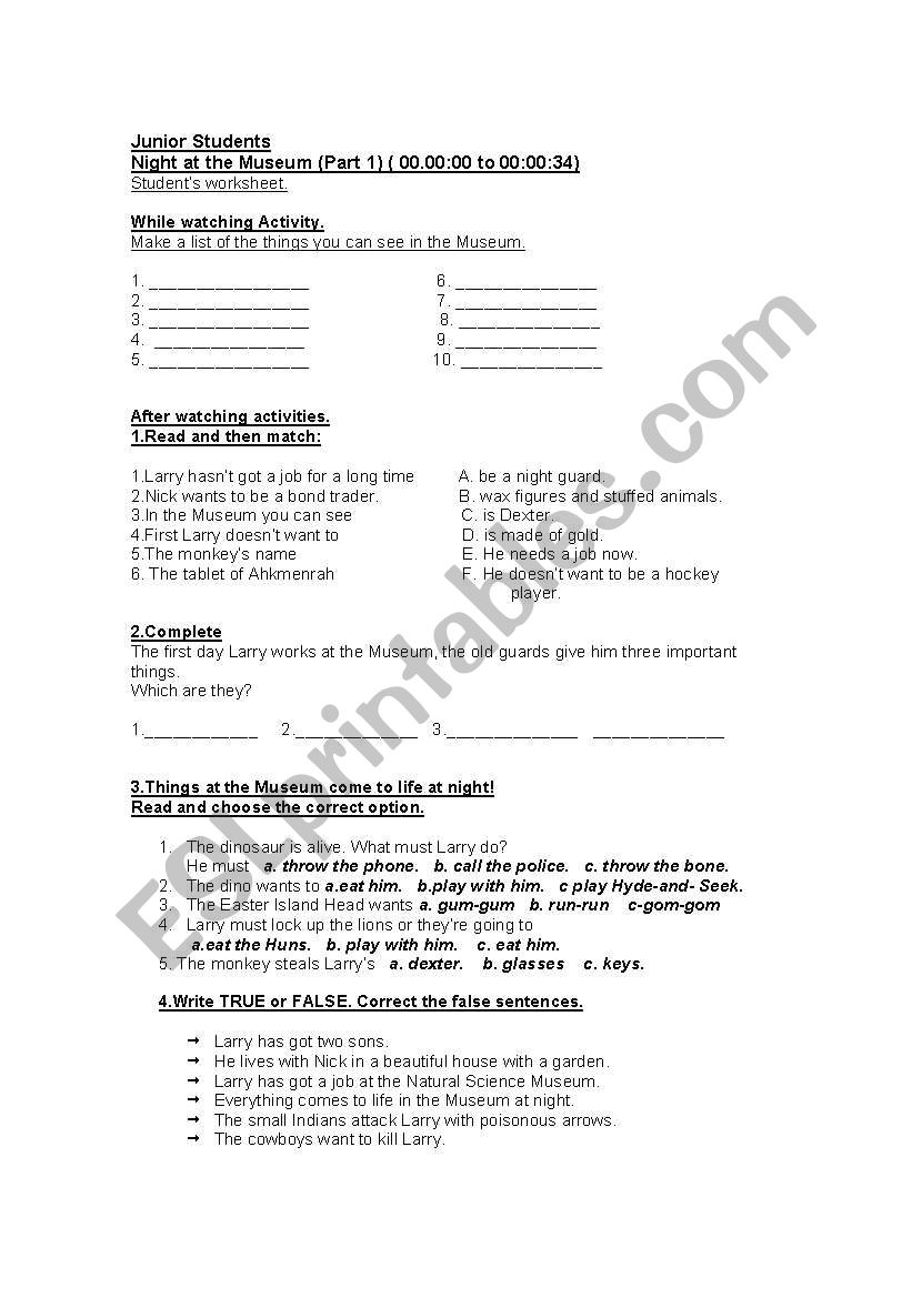 Night at the Museum-Part 1 worksheet