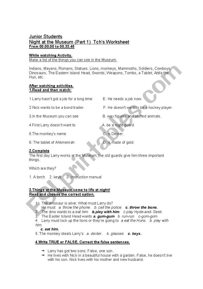 Night at the Museum-Part 1 - ESL worksheet by MiriamY