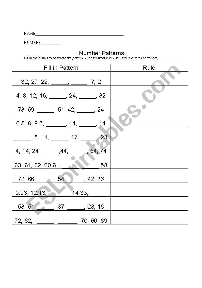 number patterns worksheet