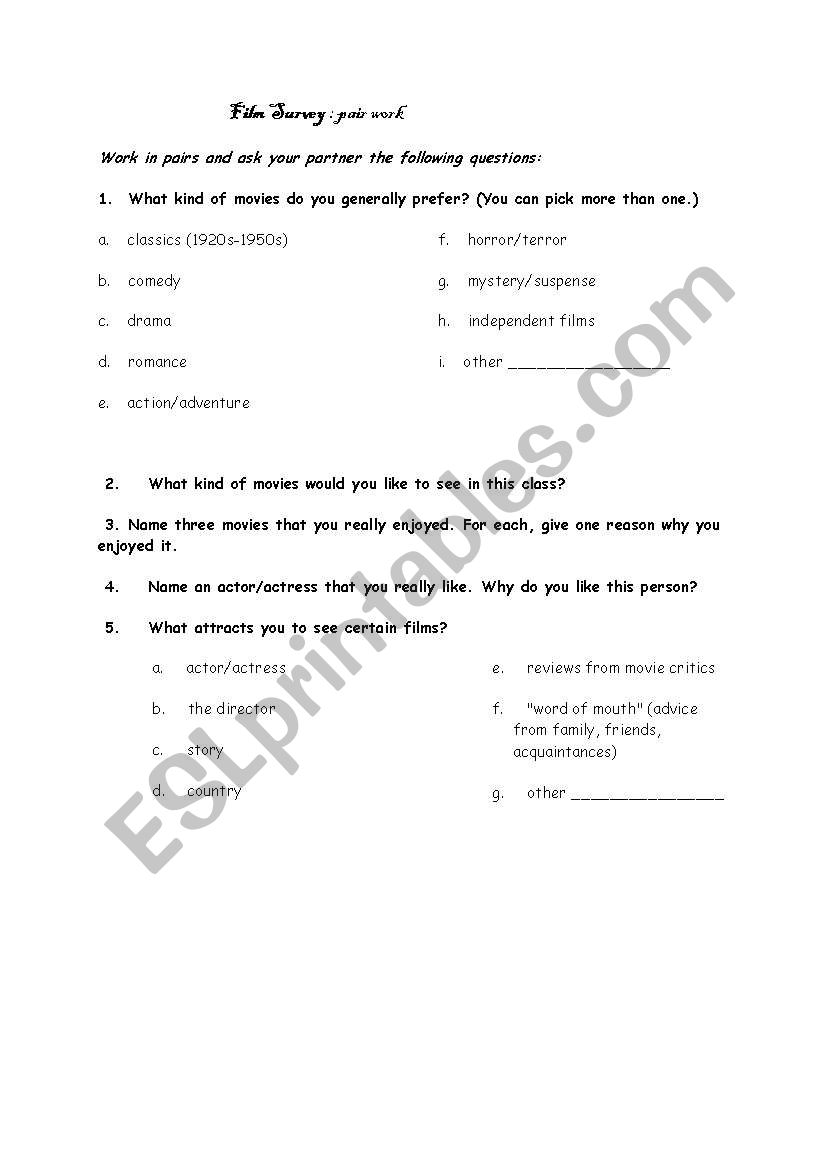 film survey worksheet