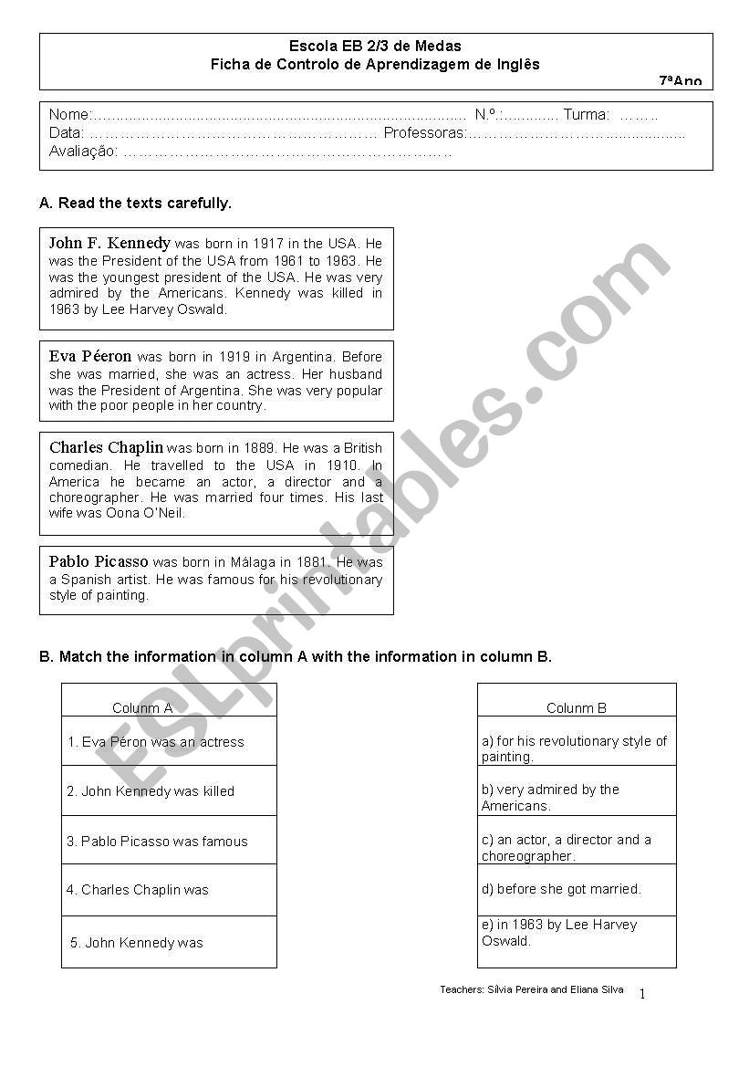 TEST-FAMOUS FROM THE PAST worksheet