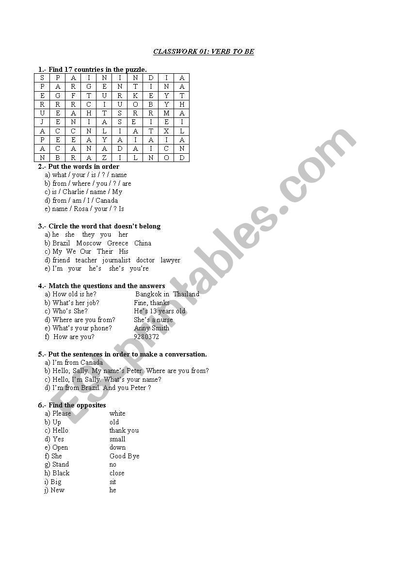 VERB BE worksheet