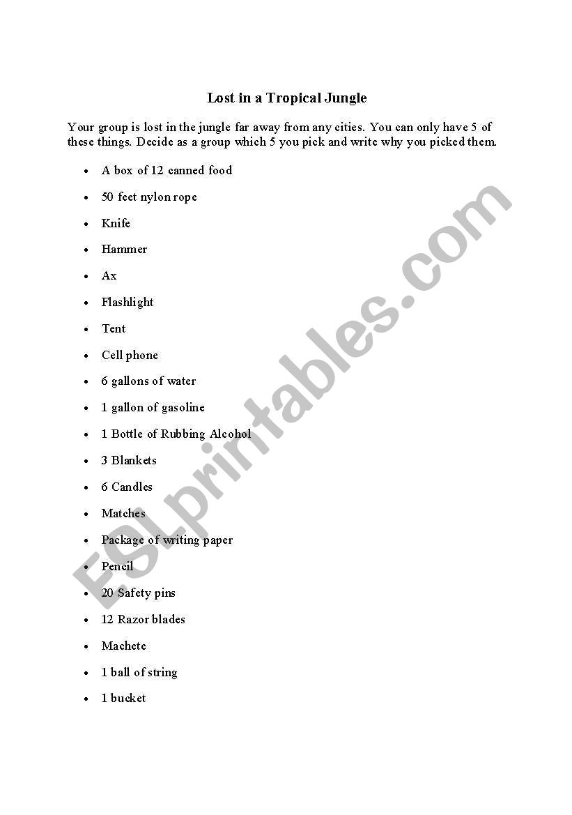 Lost on a Tropical Island worksheet