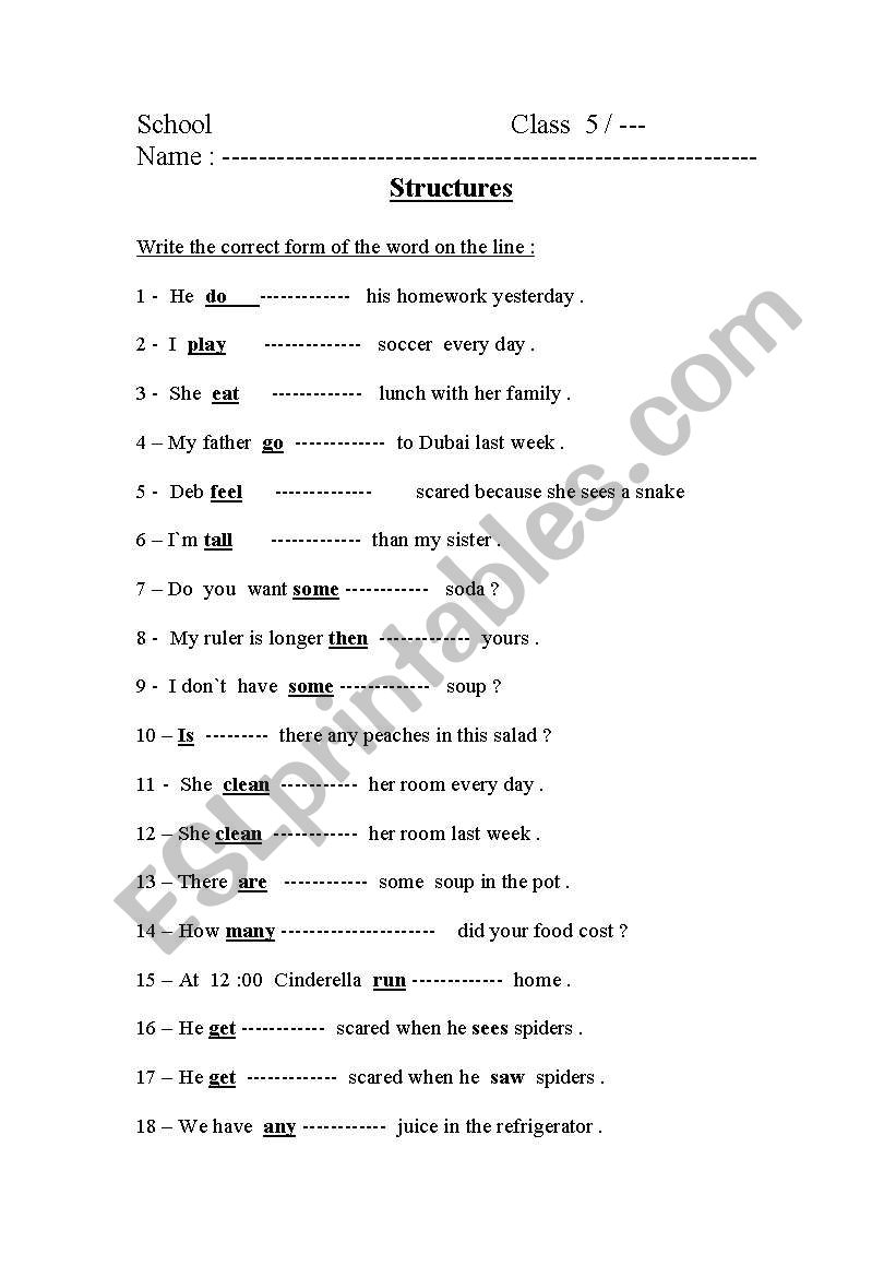 structures grade 5 parade worksheet