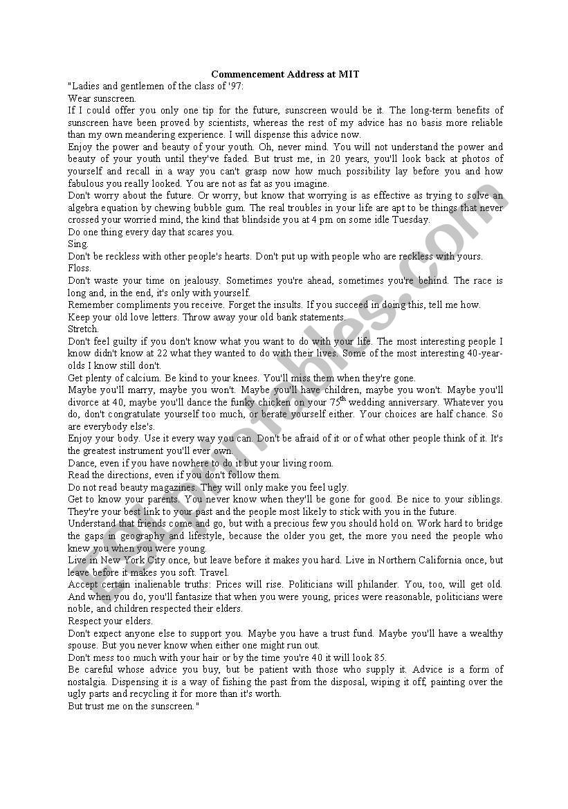 Comencement worksheet