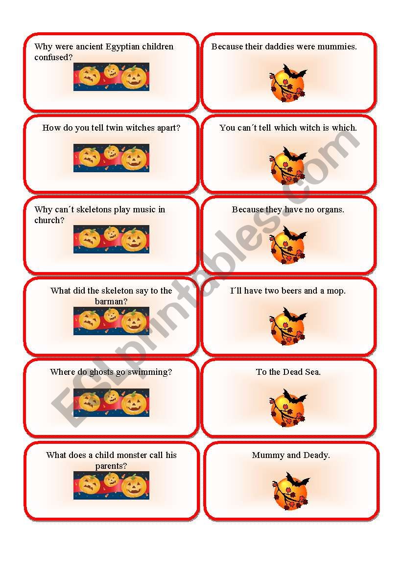 Halloween jokes cards worksheet