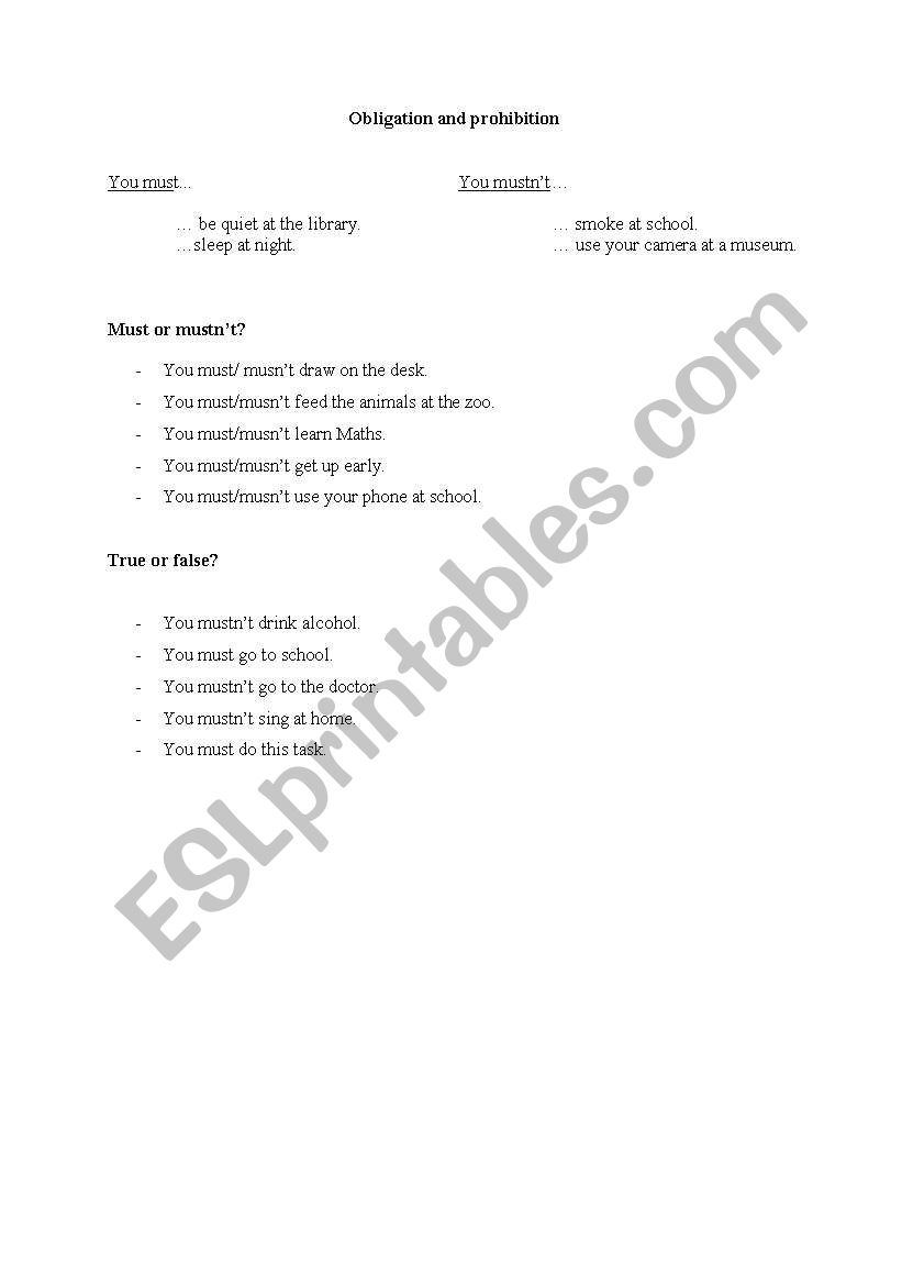 obligation and prohibition worksheet