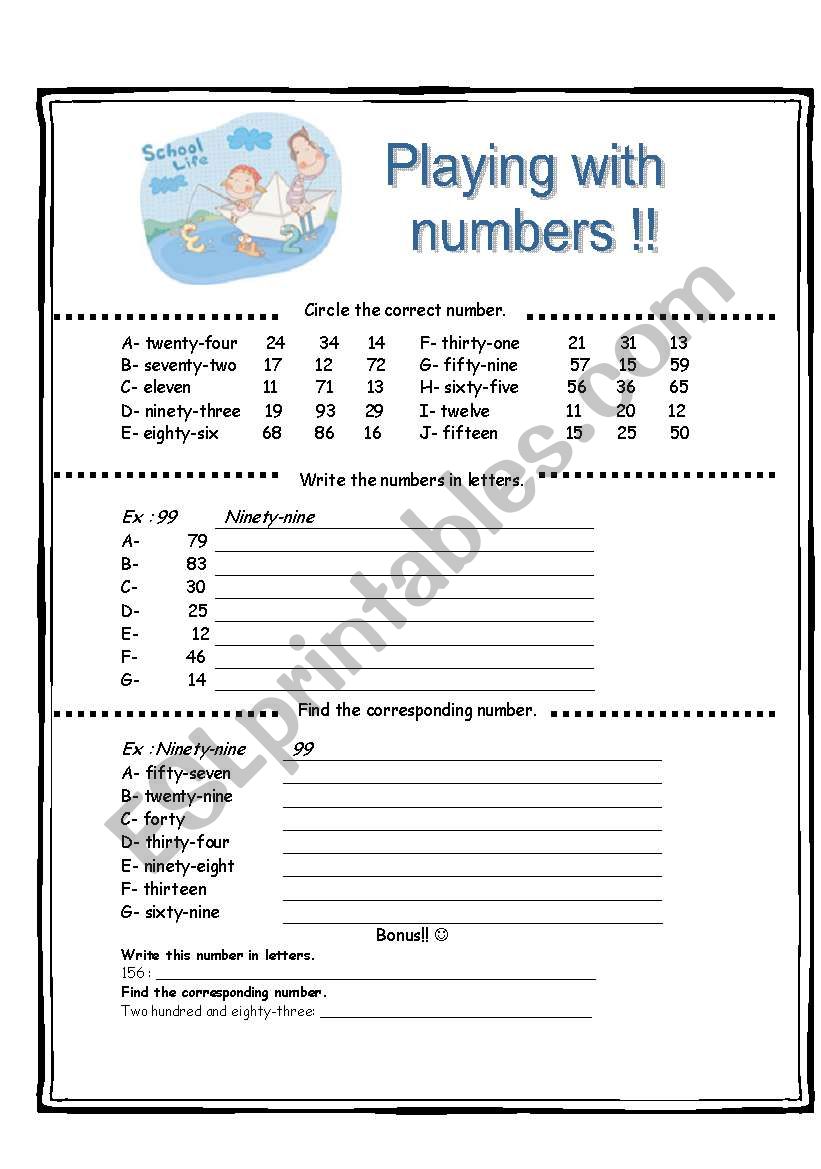Playing with numbers worksheet